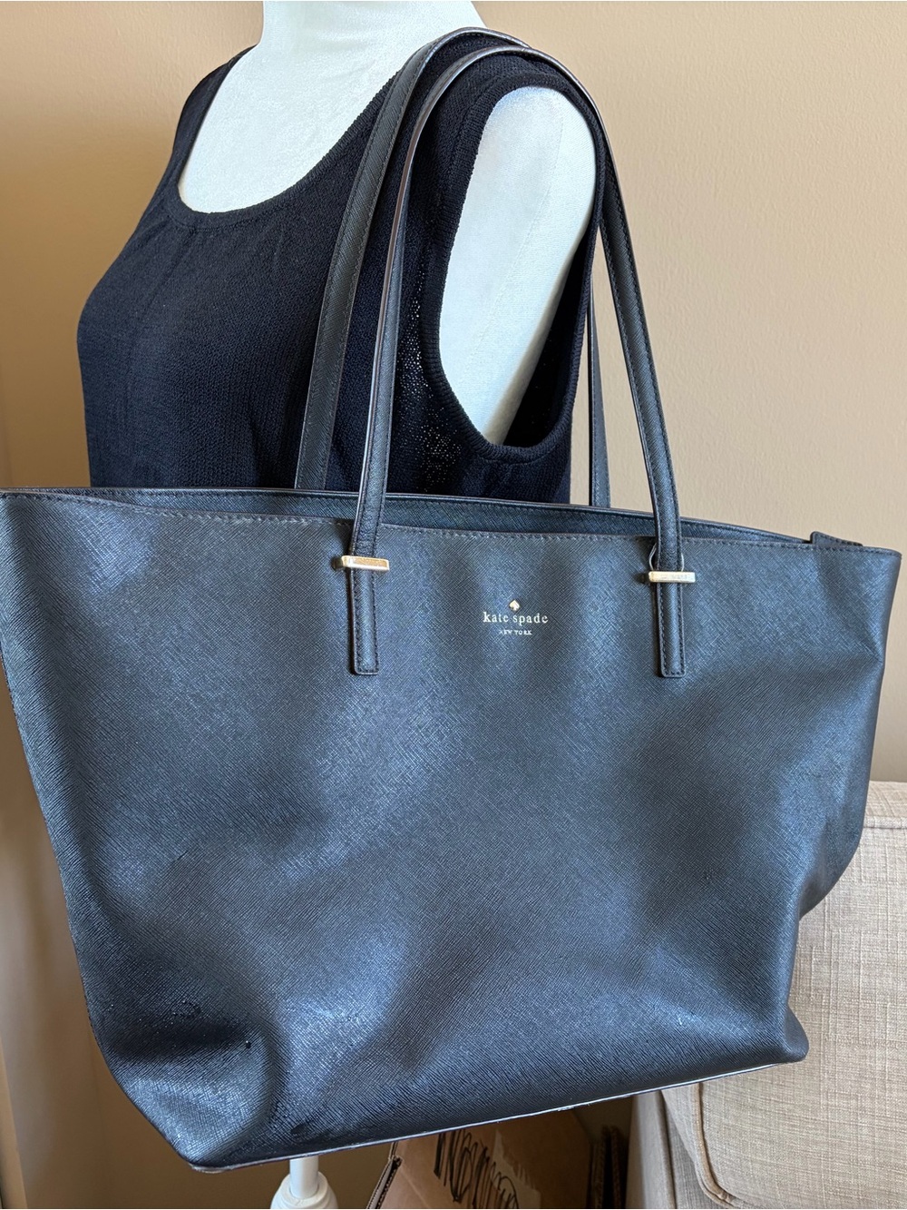 kate spade Black Saffiano Tote with Gold Accents